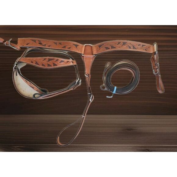 Light brown w/black floral tooled Western headstall /breast collar set - Picture 1 of 10